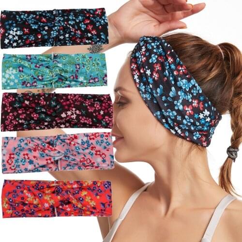 Fashion Elastic Print Flower Headband for Women Winter Hair Accessories Bohemian Cross Knotted Breathable Sweat Head Band