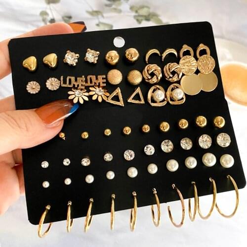 FNIO 2021 Fashion Womens Earrings Set Korean Geometric Stud Earrings for Women Korean Gold Metal Pearl Earring Trend Jewelry