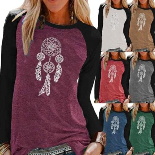 Autumn and Winter Fashion Women Printing Graphic Tee Raglan Long Sleeve Round Neck Pullover Plus Size Loose Casual Shirt XS-5XL