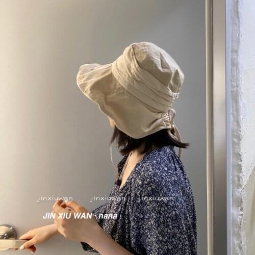 Womens Bucket Hat Folded Design Lace-up Fisherman Hat Beige Black Outdoor Travel Big Brim Hat