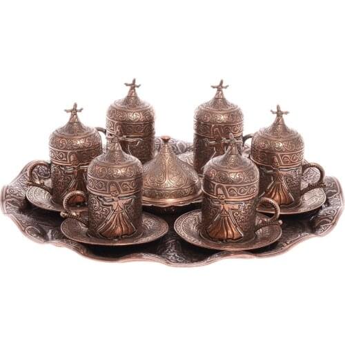 Handmade authentic Design Turkish Greek Arabic Coffee Espresso Set for 6 Service, Cups Saucers Lids Tray Delight Candy Dish GIFT