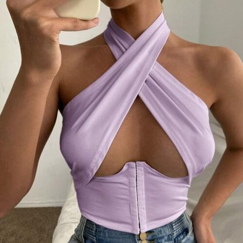 Sexy Wrap Chest Criss-Cross Bustier Backless Halter Crop Top Sleeveless Hollow Out Cami Top Women Summer Clubwear Clothes