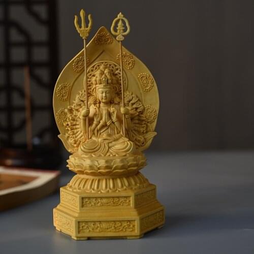 Solid wood Statue of Thousand-Hand Guanyin on Lotus Terrace Statue Wooden carved buddha Home Decoration Feng Shui Statue
