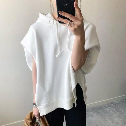 Plain White Hooded Hoodie French Short Sleeve Ladies Fashion Casual Loose Simple Pullover Korean Style Summer Fall Women Clothes