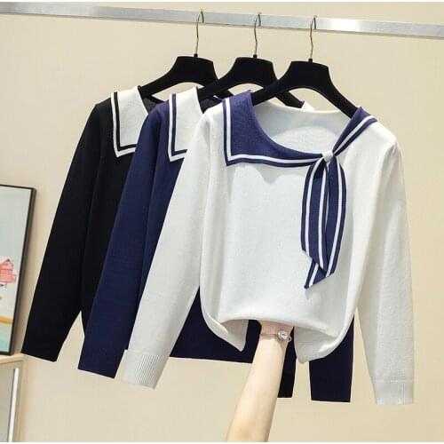 Preppy Style Knitted Pullover Womens Sweaters 2021 Long Sleeve Top Spring Autumn Polo Collar Solid Fashion All-match Pull Femme