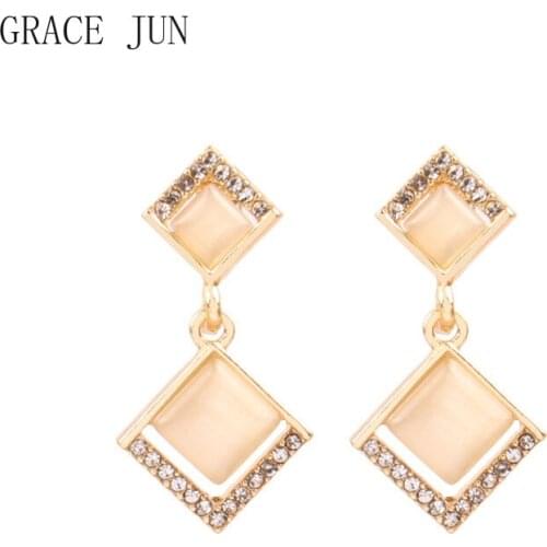 GRACE JUN Square Geometric Clip on Earrings No Pierced Womens Rhinestone Opal Stone Gold Color Fake Piercing Ear Clip 2021 New