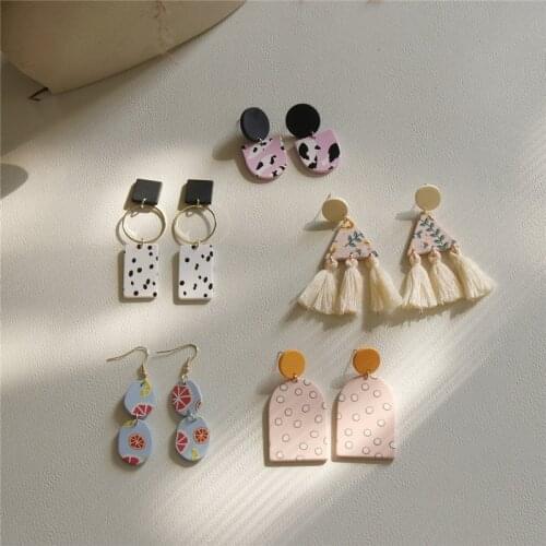 AOMU 2021 New Bohemia Colorful Geometric Round Rectangle Dots Leaf Pattern Acrylic Tassel Drop Earrings for Women Jewelry Gifts