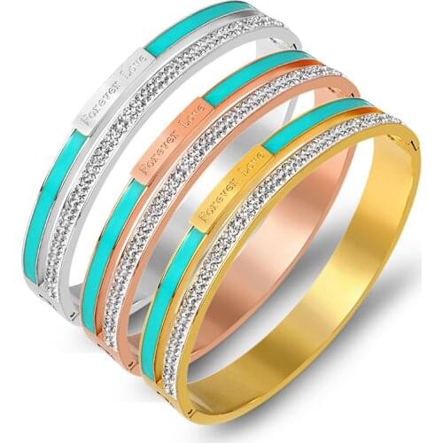 Luxury Forever Love Blue Enamel Crystals Bangles Stainless Steel Jewelry Rose Gold Color Bangles For Women