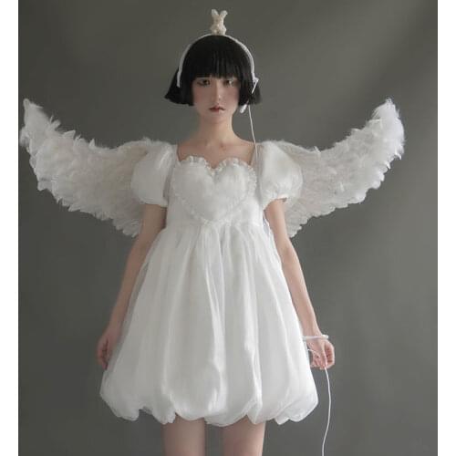Super Fairy White Princess Dress Spring /Summer Lolita Love Lace Puff Sleeve Dress Women