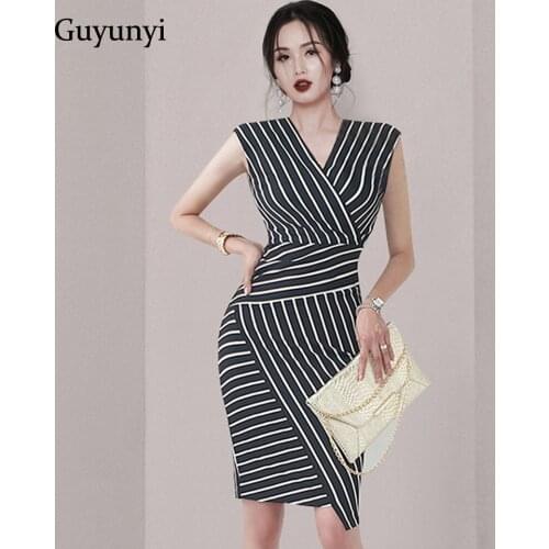 Pencil Office Lady Dress 2021 Summer High Waist Tight Dress Black White Striped Sexy V-Neck Sleeveless Elegant Party Dress Women