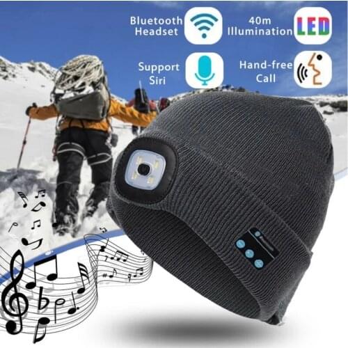 Winter Beanie Hat Wireless Bluetooth5.0 Smart Cap Headphone Headset With 4 LED Light Handfree Music Headphone Warm cable Knitted