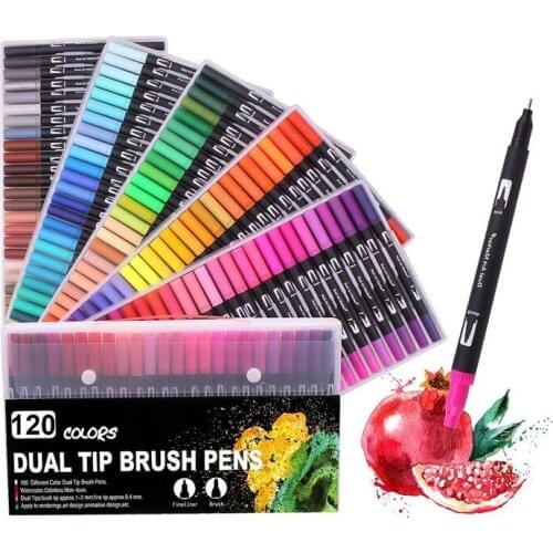 120 Colors Art Coloring Markers Set Dual Tips Brush Fineliner Color Marker Pens, Water Based Marker for Calligraphy Drawing Sket