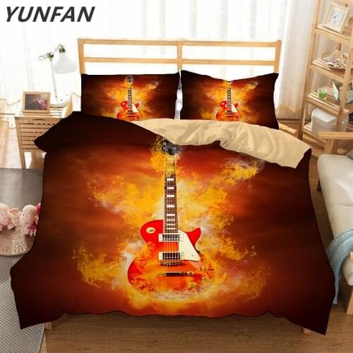 3D Oil Painting Ice & Fire Music Guitar Rock Boys Duvet Cover 3pcs Set king Queen Twin Size Fire Water Rock Guitar Mens Bedding