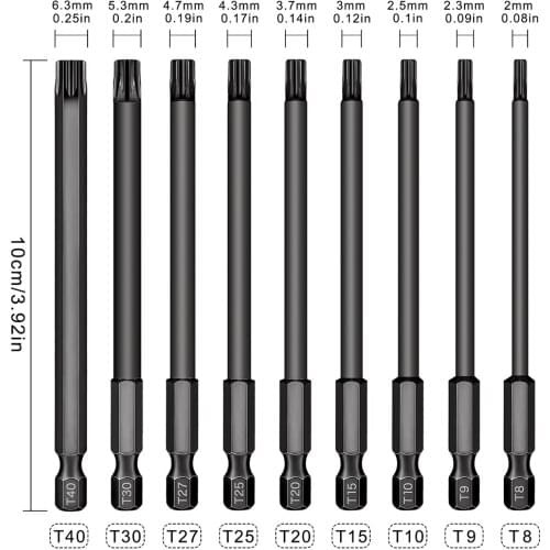 9pcs Torx Head Drill Bit Set S2 Steel Magnetic Tip Security Screwdriver Bit 100mm Long Torx Driver Bits