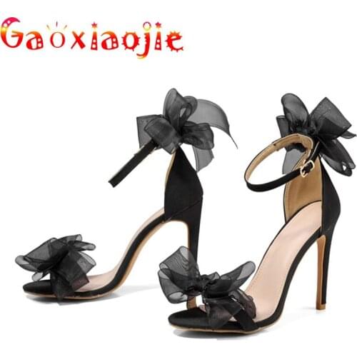 High-Quality Silk One Word Band Bow Sandal Black Cover Heel Decorate Lace Bowknot Dance Shoes 11CM Buckle Strap Party High Heels