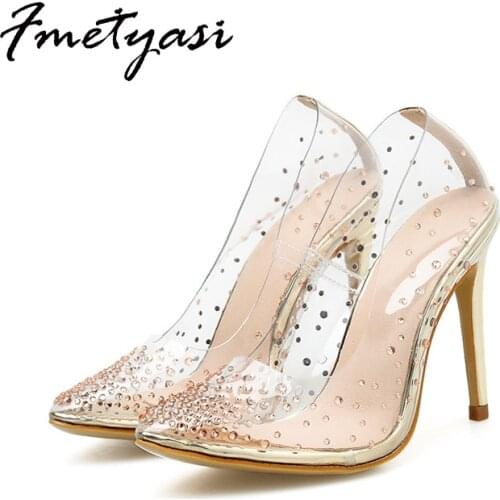 High Heels Stiletto Sandals Super Star Sexy PU Rhinestone Crystal Pointed Toe Womens Heels Waterproof Slip-on Rubber