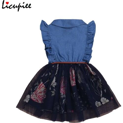 Baby Girls Casual Dresses Summer Sleeveless Dress Fashion Ruffles Denim Yarn Stitching A-line Princess Dress 1-4 Years