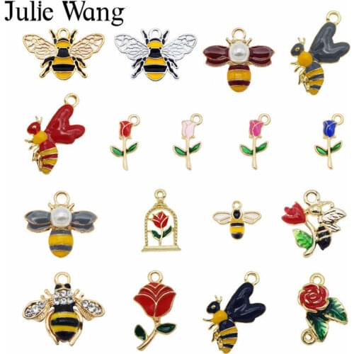 Julie Wang 15PCS Enamel Bee Flowers Charm Mixed Honeybee Rose Alloy Gold Tone Necklace Bracelet Earring Jewelry Making Accessory
