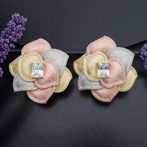 ModemAngel 3 Tone Copper Large Flowers Copper High Quality Earrings Women Wedding Party Fashion Jewelry Accessories