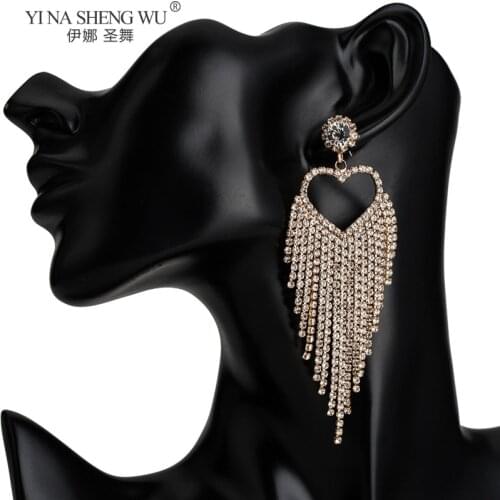 New Luxury Punk Rhinestone Acrylic Long Tassel Earrings for Women Bridal Fashion Heart Shape Earrings Party Wedding Jewelry Gift