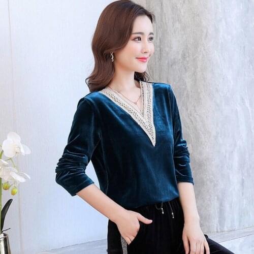 Solid V-neck velvet spring tee Women Fashion elegant long sleeve plus size 6XL loose T shirt ladies 2021 new black Mom thin tops