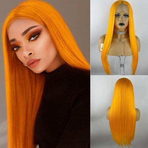 Orange Lace Front Wigs Long Straight Raurantia Synthetic Wigs For Women Heat Resistant 22inch Daily Cosplay Party Queen Makeup