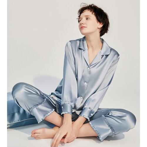 Gift 19MM Women Silk Sleepwear Suit Set Long-sleeved Two-piece Set Blue 100% Mulberry Silk Pajamas
