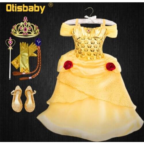Girls Belle Dress Up Fantasy Shoulderless Dresses Beauty and The Beast Princess Costume Kids Halloween Cosplay Party Ball Gown