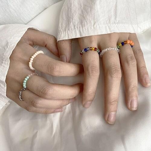 New Retro Simple Candy Color Chain Set Rings for Women Girls Vintage Transparent Temperament Ring Party Bead Jewelry Accessories