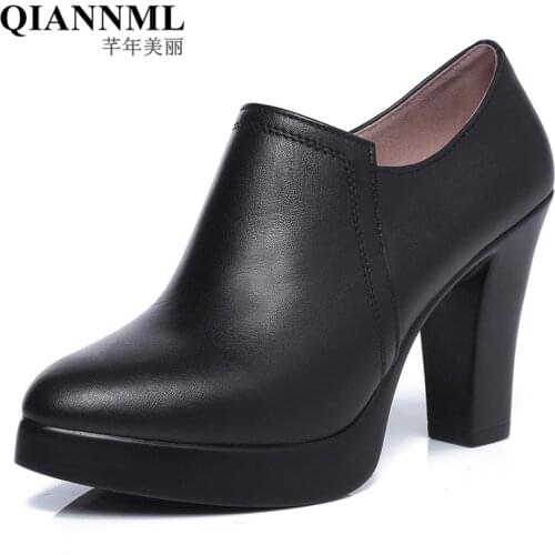 Deep Mouth Block Heels Genuine Leather Shoes Women Pumps 2021 Autumn Black High Heels Office Shoes Plus size 40 41 43