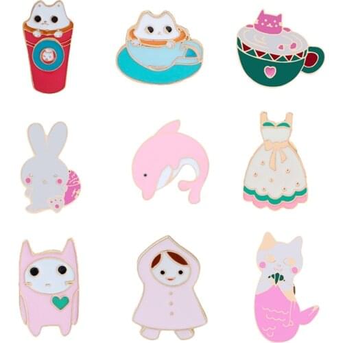 Fashion 9Style Brooches Cute Cup Animal Cat Dolphin Girl Skirt Enamel Pin Badge Women Backpack Sweater Jewelry Gifts For Friends