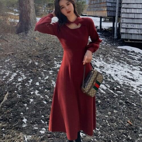 Women Spring Winter Knit One Piece Dress Korean 2021 Elegant Office Sweater Dress Female Casual Long Sleeve Evening Party Dress