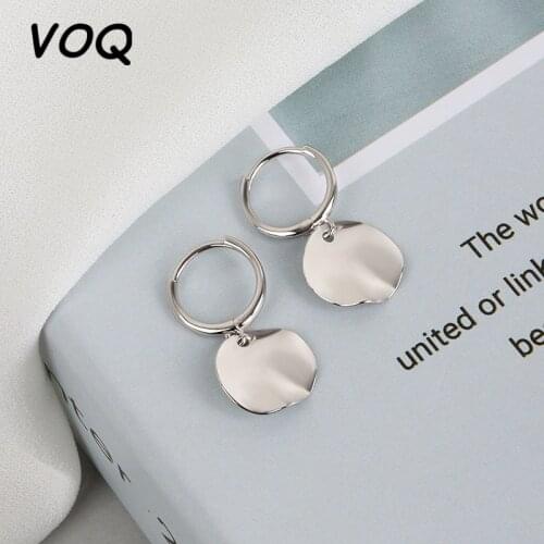VOQ 925 Sterling Silver Geometric Irregular disc Pendant Hoop Earrings for Women Personality Party Jewelry