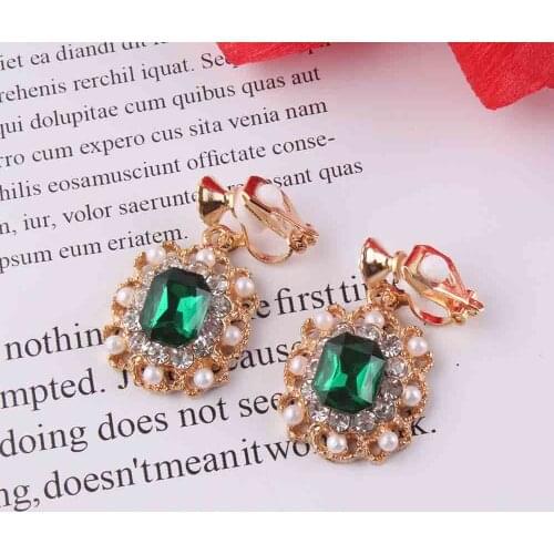 JIOFREE New Luxury Green Rhinestone Charm Pearl Pendant Clip Earrings for Women Girls Vintage Korean Earring Statement Jewelry