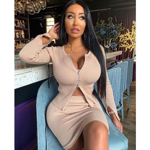 Summers new sexy casual womens round collar long sleeve zipper cardigan black pink green white tight skirt two suits