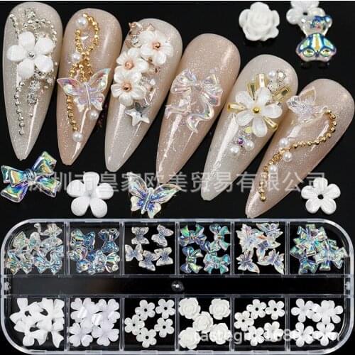 1 Pack 3D Cute Aurora Bear/Bow Ties/Skirt/White Flowers Acrylic Nail Art Decorations For Nails Glitter DIY Manicure Accessories