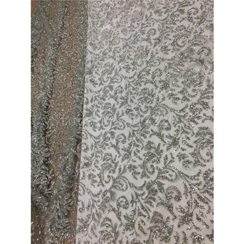 5 yards glued glitter lace fabric on sale JRB-80910 embroidery mesh material for evening dress in silver color