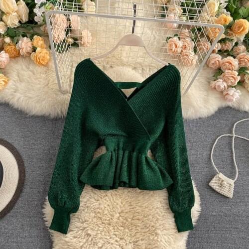 Trendy Bling Bling Shiny Thread Knitted V-neck Women Sweater Slim Waist Ruffled Knitted Top Autumn Winter Top