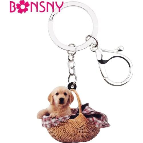 Bonsny Statement Acrylic Sweet Basket Labrador Dog Key Chains Keychains Ring Animal Jewelry For Women Girls Bag Car Charms Gift