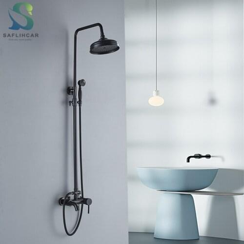 Black Bathroom Shower Faucet 8‘’ Round Shower Head Bathroom Rainy Faucet Set Hot and Cold Faucet Wall-mounted Shower Set