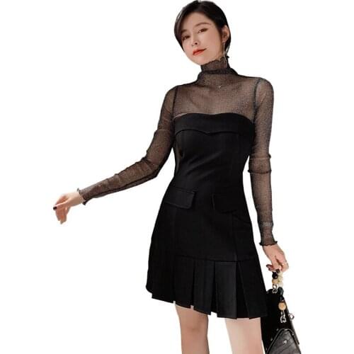 Elegant Office Lady Sexy Party Women Suits 2 Piece Set Black Mesh Long Sleeve Tops and Slash Neck Pleated Dress Tow Piece Set