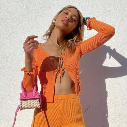 European and American autumn long-sleeved woolen new style 2021INS sexy hollow lace-up cardigan orange V-neck blouse women