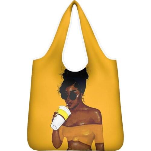 HYCOOL Yellow Bags For Women Tote Shopping Art Black Afro Girl Print Foldable Shopping Bag Wholesale Bags Large Capacity Woman