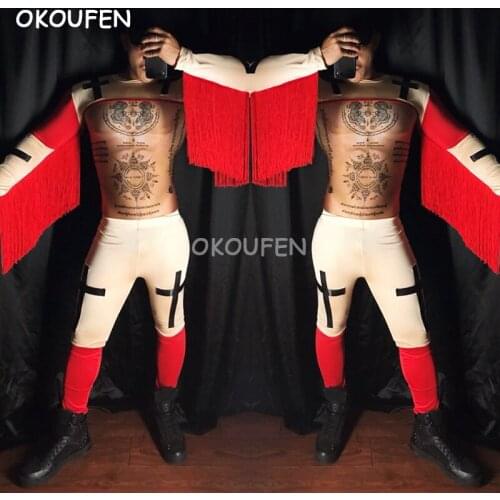 Halloween Festival Costumes Red tassel half tops tights set Sexy Theme Party Costume Nightclub Bar Male DJ Singer DS stage wear