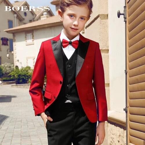 Red Two Buttons Suits For Children Notch Lapel Boy Suits boy child costume wedding Party Tuxedos boys blazer (jacket+pant)