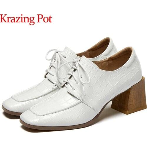Krazing Pot big size European style genuine leather square toe high heels young lady streetwear lace up basic women pumps L6f2