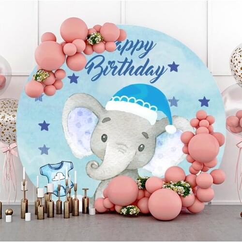 Laeacco Blue Elephant Star Boys Shower Baptism Round Circle Background Newborn Portrait Customized Poster Photography Backdrops