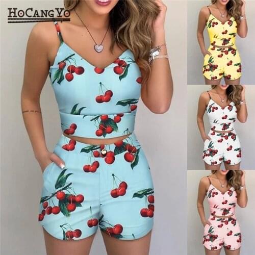 Summer Women Floral Print Short Sets Plus Size Loose Sleeveless Strap Crop Top & Short Sets Slim Casual Summer Two Piece Outfits