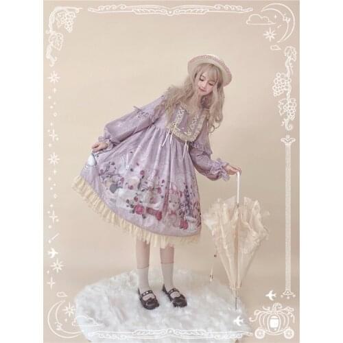 Bear In Rose Garden Sweet Womens Lolita OP Dress Dress Lantern Sleeve Lace Bows Trim Cute One Piece Elegant Dress Pink Blue