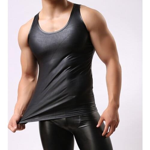 Fashion Faux Leather Men Sexy Fitness Tank Top/Sleeveless Menss Bottom Bodybuilding Stringers Vest (Top Only)